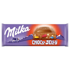 Milka Mmmax Choco Jelly meggyes zselédarabkákkal, cukordrazséval és robbanócukorkával, 250 g