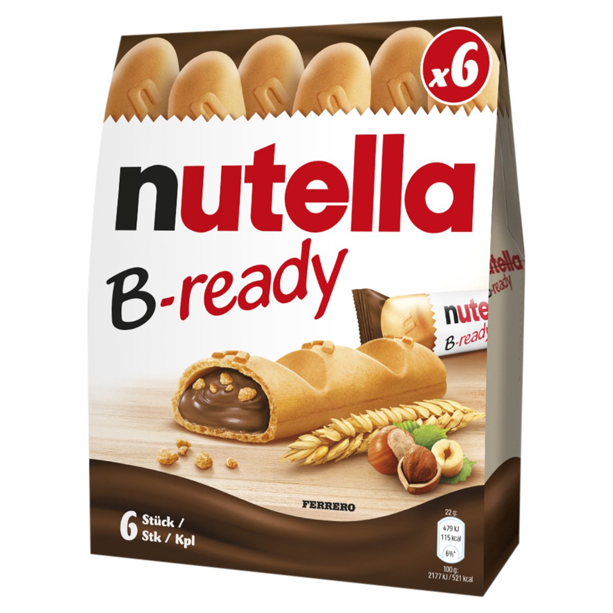 Nutella B-Ready ropogós ostya kakaós mogyorókrémmel és búzakészítménnyel töltve 6 x 22 g (132 g)